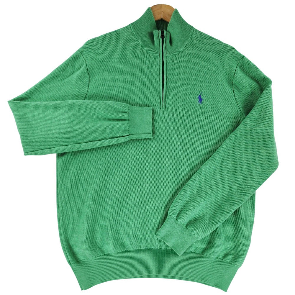 Polo Ralph Lauren Quarter Zip Sweater Mens L Green Pima Cotton Pony Pullover